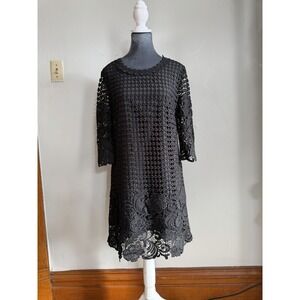 NWT Black Crochet Short Lace Layered Dress Eyelet Scalloped Shift Boho Timeless